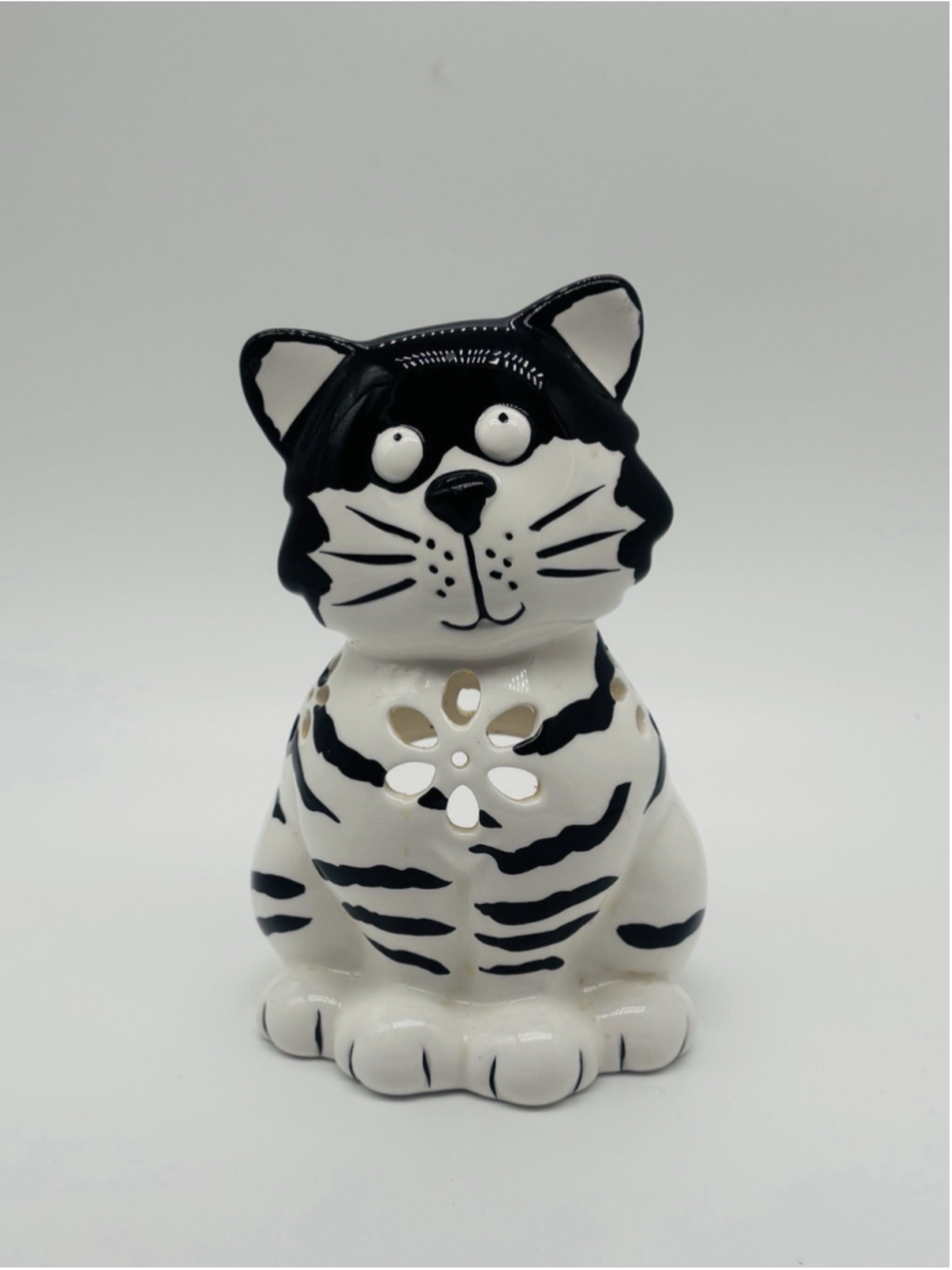 Kitty Cat Figurine Tea-Light Candle Holder Black & White Ceramic